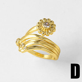 Brass Micro Pave Clear Cubic Zirconia Cuff Open Rings, Flower