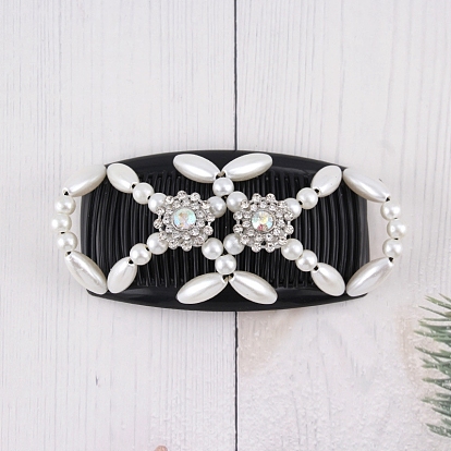 Wood Hair Bun Maker, Stretch Double Hair Comb, with Plastic Bead and Rhinestone