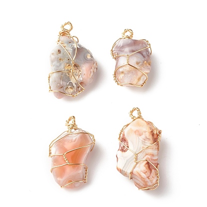 Botswana naturel pendentifs en agate, avec du vrai fil de cuivre plaqué or 18k enroulé, nuggets