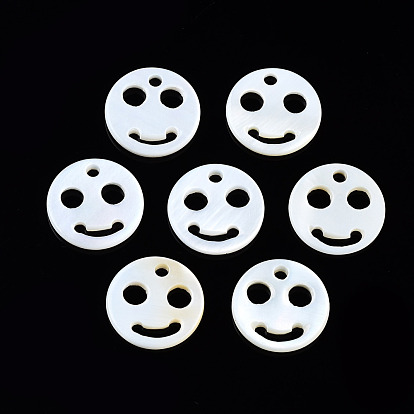 Natural Freshwater Shell Charms, Flat Round with Smilling Face