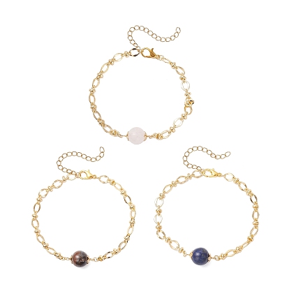 3комплекты браслетов-цепочек из натурального розового кварца, тигрового глаза, лазурита и латуни