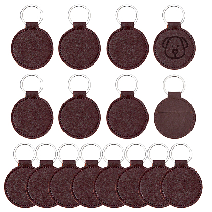 16Pcs PU Imitation Leather Keychains, with Alloy Findings, Flat Round, Platinum