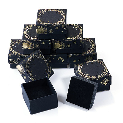 10Pcs Sun Moon Star Printed Cardboard Gift Boxes, for Necklace, Bracelets, with Black Sponge Inside, Black
