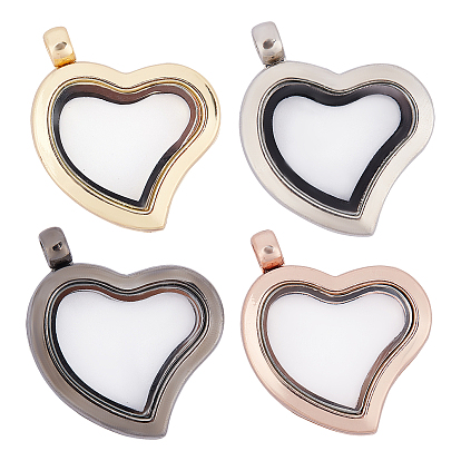 4Pcs 4 Colors Alloy Pendant, with Glass Visual Window, Heart, Cadmium Free & Lead Free