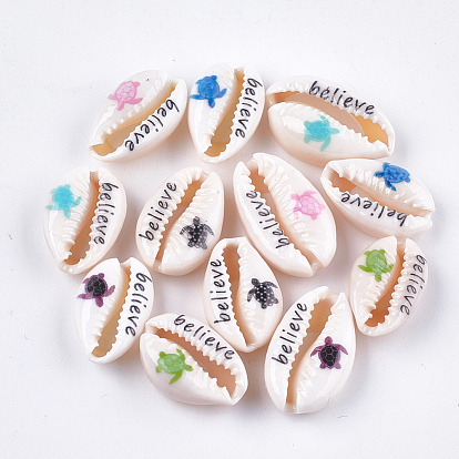Printed Cowrie Shell Beads, No Hole/Undrilled, Sea Turtle & Believe Pattern