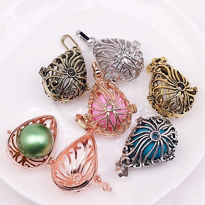Brass Bead Cage Pendants, for Chime Ball Pendant Necklaces Making, Hollow, Teardrop with Sea Grass Charm