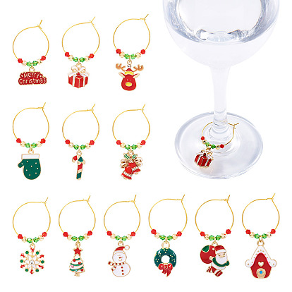 12Pcs Glass Wine Glass Charms, with Snowflake Alloy Enamel Charms  Brass Wine Glass Charms Ring