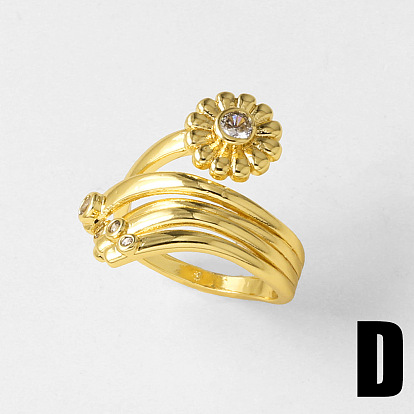 Brass Micro Pave Clear Cubic Zirconia Cuff Open Rings, Flower