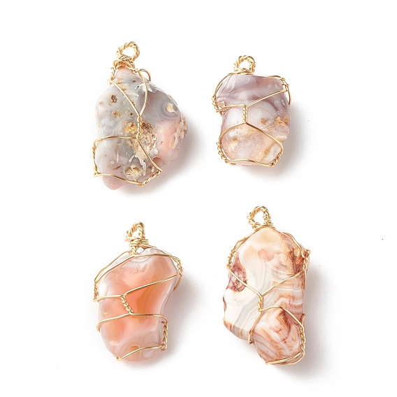 Natural Botswana Agate Pendants, with Real 18K Gold Plated Copper Wire Wrapped, Nuggets