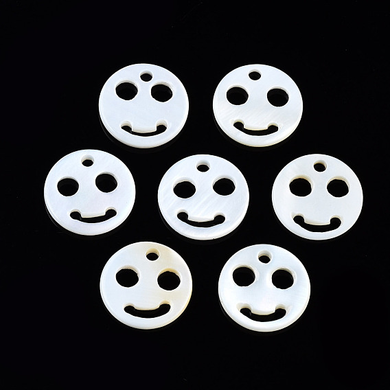 Natural Freshwater Shell Charms, Flat Round with Smilling Face