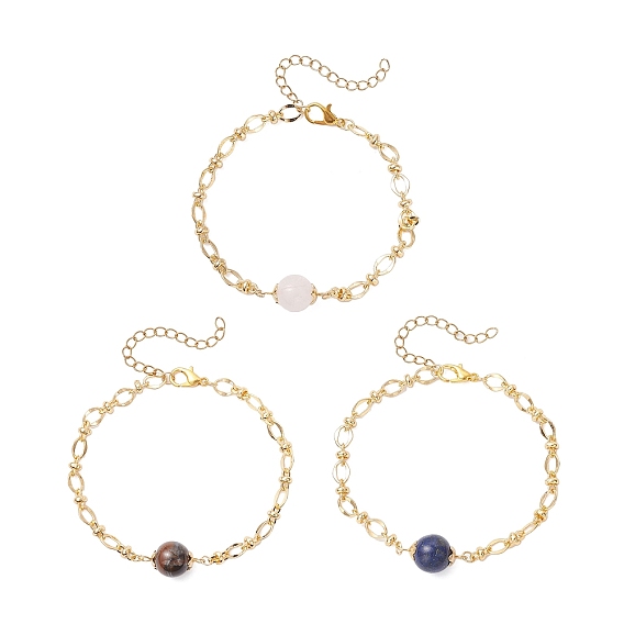 3комплекты браслетов-цепочек из натурального розового кварца, тигрового глаза, лазурита и латуни