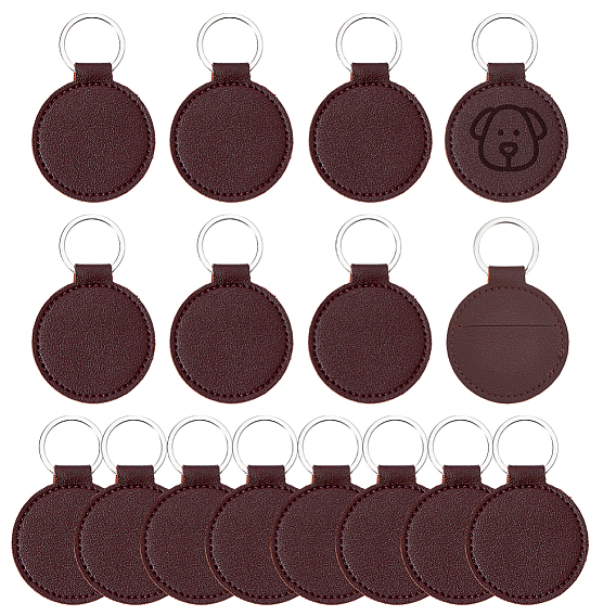 16Pcs PU Imitation Leather Keychains, with Alloy Findings, Flat Round, Platinum