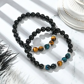 2Pcs 2 Style Dyed Natural Tiger Eye & Black Onyx Round Beaded Stretch Bracelets Set, Stackable Bracelets for Women
