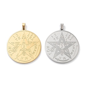 304 Stainless Steel Pendants, Laser Cut, Flat Round with Tetragrammaton Charm