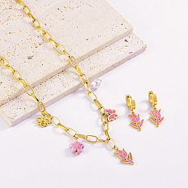 304 Stainless Steel Enamel Hoop Earrings & Pendant Necklaces Sets, Butterfly & Tulip & Bees