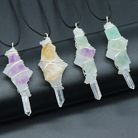 Gemstone grands pendentifs, pépites enveloppées de fil de cuivre de ton platine