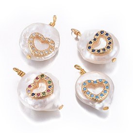 Pendentifs de perles d'eau douce de culture naturelle, avec les accessoires de zircons en laiton, pépites avec le coeur, or