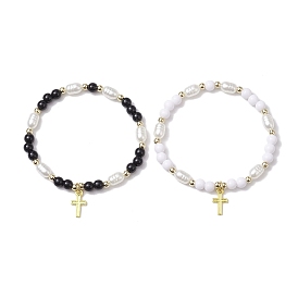 2Pcs 2 Colors Round Acrylic & Imitation Pearl Beaded Stretch Bracelets, Cross Alloy Charm Stackable Bracelets for Women