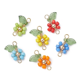 6Pcs 6 Colors Glass Copper Wire Wrapped Connector Charms, Flower Links with Golden Plated Brass Beads