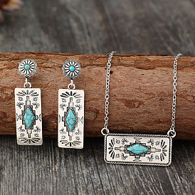 Комплекты серег-гвоздиков и ожерелий с подвесками из сплава западных ацтеков и синтетической бирюзы, прямоугольные