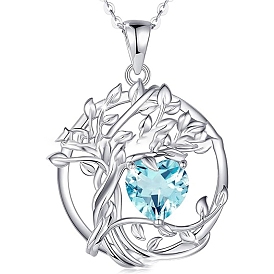 925 Sterling Silver Double-Layer Necklace, Twelve Birthstone Pendants, Tree of Life, Platinum