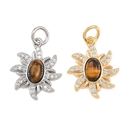 Природных тигровый глаз подвески, подвески-солнца с латунными микропаве из прозрачных кубических цирконий
