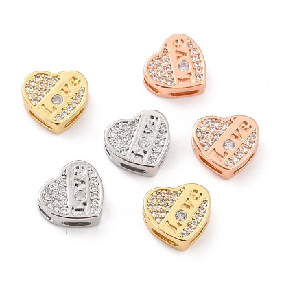 Brass Micro Pave Cubic Zirconia Slide Charms, Long-Lasting Plated, Cadmium Free & Lead Free, Heart with Word LOVE