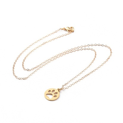 304 Stainless Steel Pendant Necklaces, with Brass Cable Chain and Lobster Claw Clasps, Flat Round with Dog Paw Prints