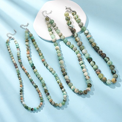 Natural Green Line Jasper Round Beaded Necklaces, with Brass End Chains, Platinum