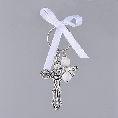 Crucifix Cross Keychain, with Tibetan Style Alloy Pendants, 316 Surgical Stainless Steel Split Key Rings and Gemstone Beads, Satin Ribbon, For Easter
