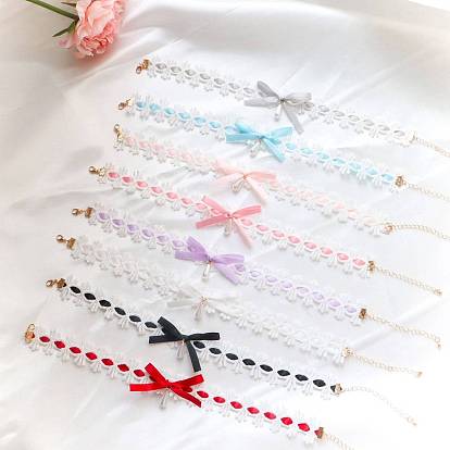 Cloth Bowknot Choker Necklaces, with Imitation Pearl Beads