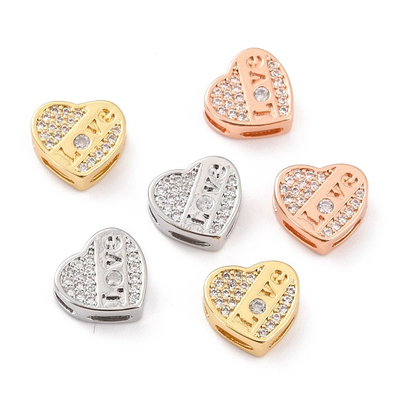 Brass Micro Pave Cubic Zirconia Slide Charms, Long-Lasting Plated, Cadmium Free & Lead Free, Heart with Word LOVE