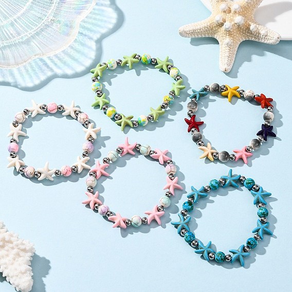 Браслеты из синтетической бирюзы и латунных бусин в форме морской звезды