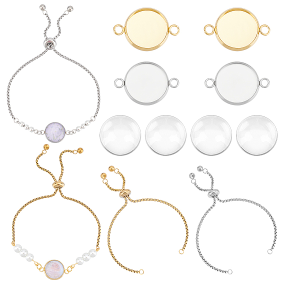 Набор для самостоятельного изготовления браслета со слайдером из купольного звена, включая регулируемые 304 изготовление браслета из нержавеющей стали и плоские круглые соединители кабошонов и стеклянные кабошоны