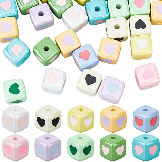 40Pcs Opaque Acrylic Enamel Beads, Cube with Heart Beads