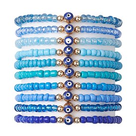 10Pcs 10 Styles Blue Color Palette Glass Seed Beaded Stretch Bracelets Sets, Evil Eye Alloy Enamel Stackable Bracelets for Women