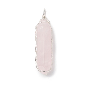 Natural Rose Quartz Copper Wire Wrapped Pendants, Double Termimal Pointed Faceted Bullet Charms