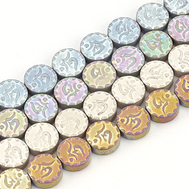 Electroplate Non-magnetic Synthetic Hematite Beads Strands, Matte Style, Flat Round with Aum/Ohm