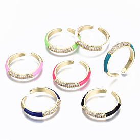 Brass Micro Pave Clear Cubic Zirconia Cuff Rings, Open Rings, with Enamel, Cadmium Free & Nickel Free & Lead Free, Golden