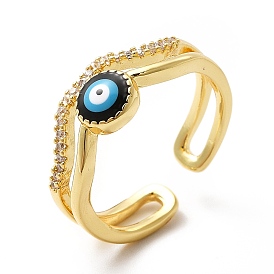 Enamel Evil Eye & Cubic Zirconia Wave Open Cuff Ring, Brass Jewelry for Women