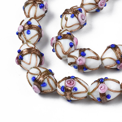 Handmade Gold Sand Lampwork Beads Strands, Ovald with Flower