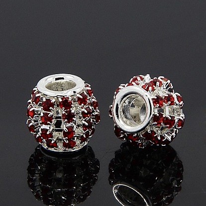 Brass Rhinestone European Beads, Large Hole Beads, Rondelle, Silver Color Plated, 12x10mm, Hole: 4mm