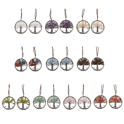 Подвесные украшения из латуни и крошки натуральных драгоценных камней, плоский круглый с подвесными украшениями в виде дерева жизни