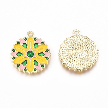 Alloy Enamel Pendants, Baroque Style, Flat Round with Flower, Colorful