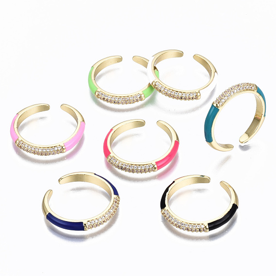 Brass Micro Pave Clear Cubic Zirconia Cuff Rings, Open Rings, with Enamel, Cadmium Free & Nickel Free & Lead Free, Golden
