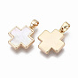 Brass Charms, with Freshwater Shell, Nickel Free, Real 18k Gold Plated, Cross