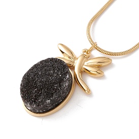 Natural Quartz Dragonfly with Oval Pendant Necklace with 304 Stainless Steel Snake Chain, Druzy Gemstone Jewelry for Women, Golden