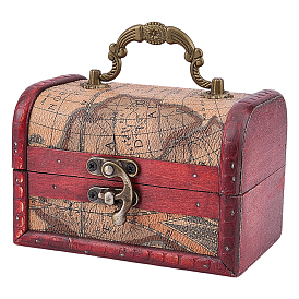 Cajas de joyería de madera vintage, cajas decorativas de cofre del tesoro de cuero pu, con asa de transporte y pestillo, rectángulo con mapa