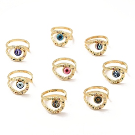 Resin Evil Eye Open Cuff Ring with Cubic Zirconia, Real 18K Gold Plated Brass Wire Wrap Jewelry for Women