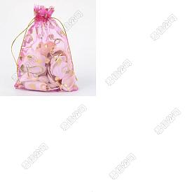30Pcs Heart Printed Organza Drawstring Bags, for Wedding Party Christmas Candy Bags, Wedding Favor Bags, Rectangle